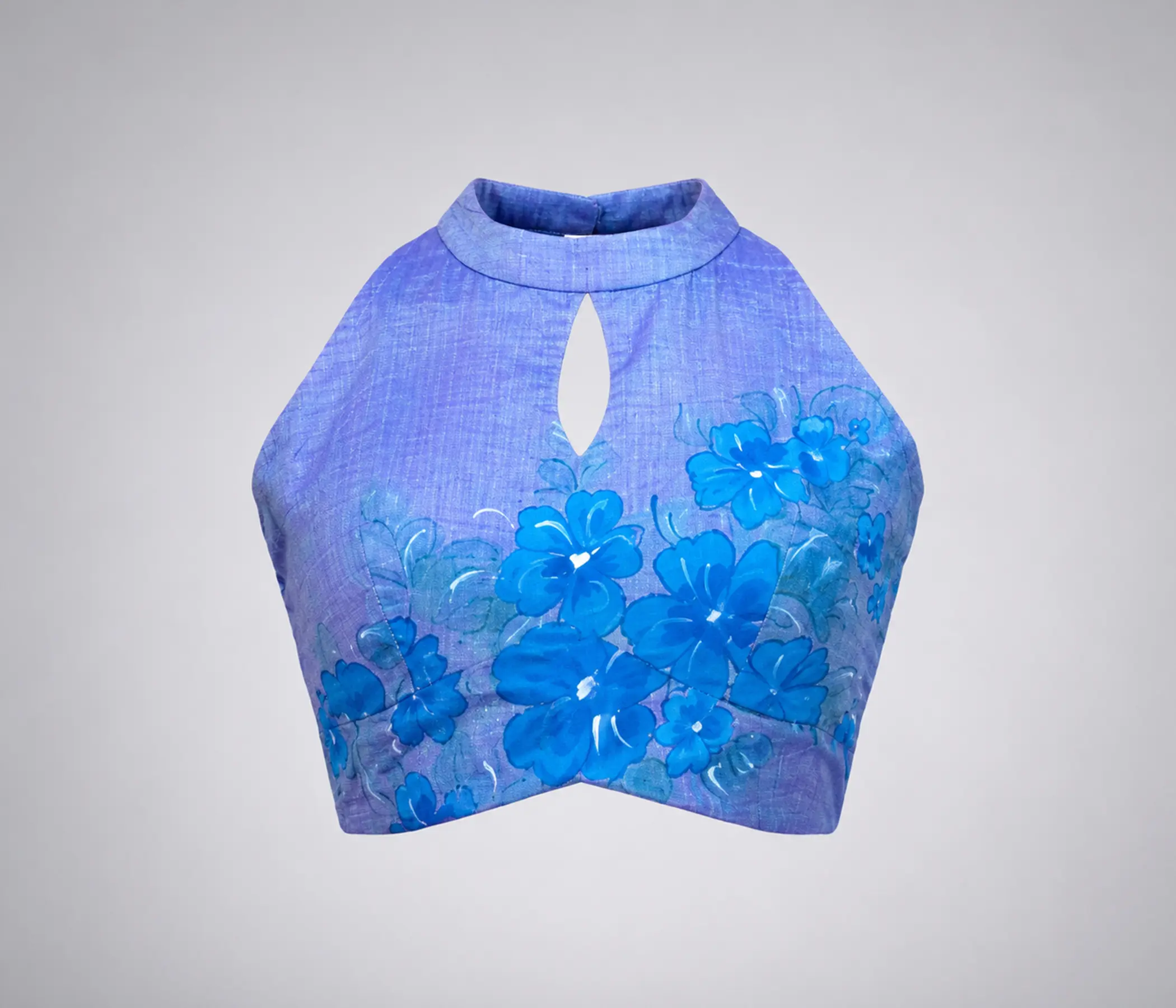 Hand-Painted Periwinkle Blue Halter Trendy Blouse with Front Neck Designs